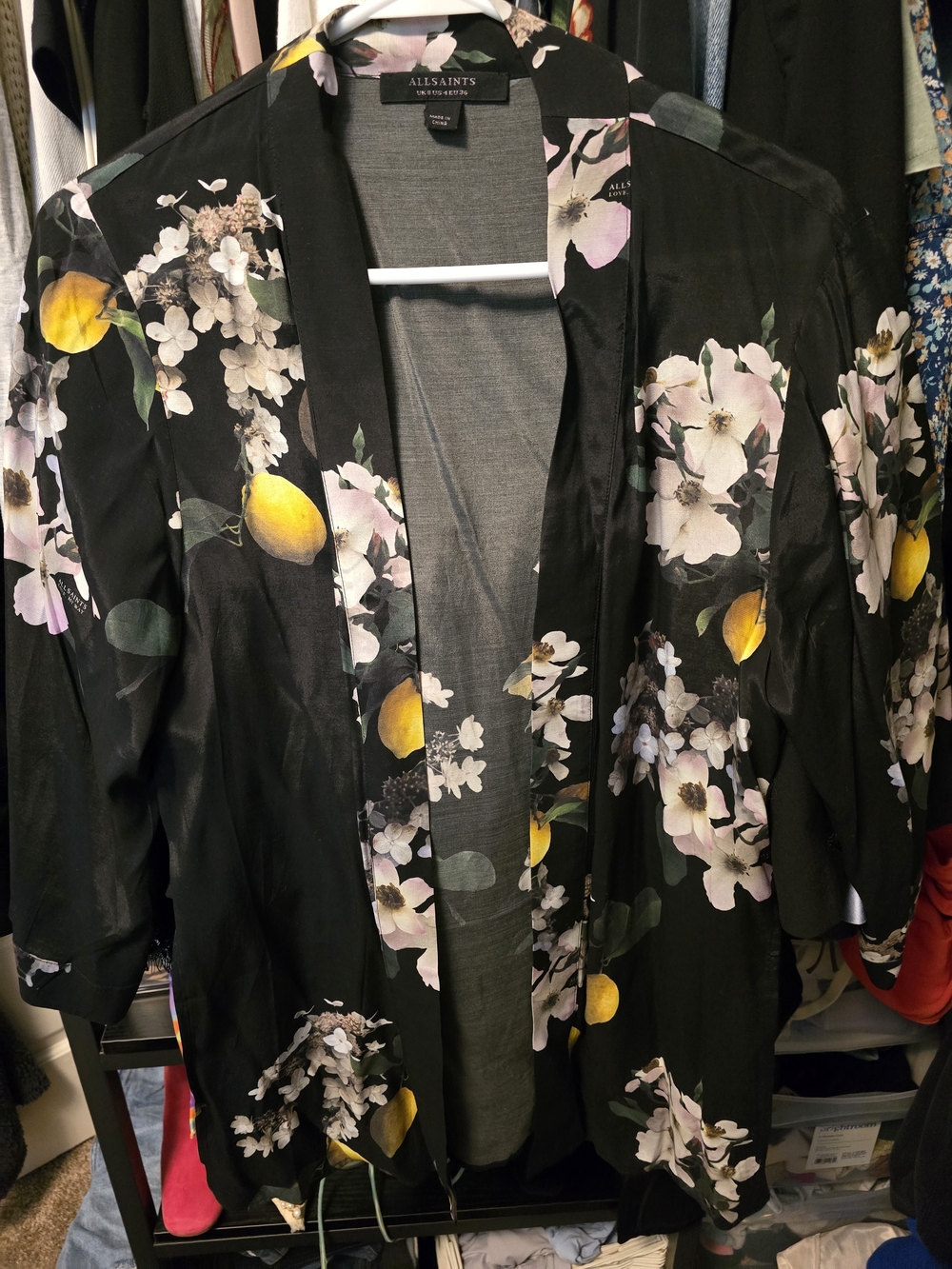 AllSaints Black Floral Kimono with Yellow Lemon Detail